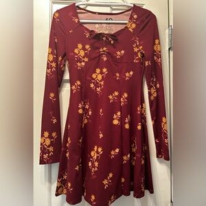 SO Yellow flowers print long sleeved burgundy dress short dress